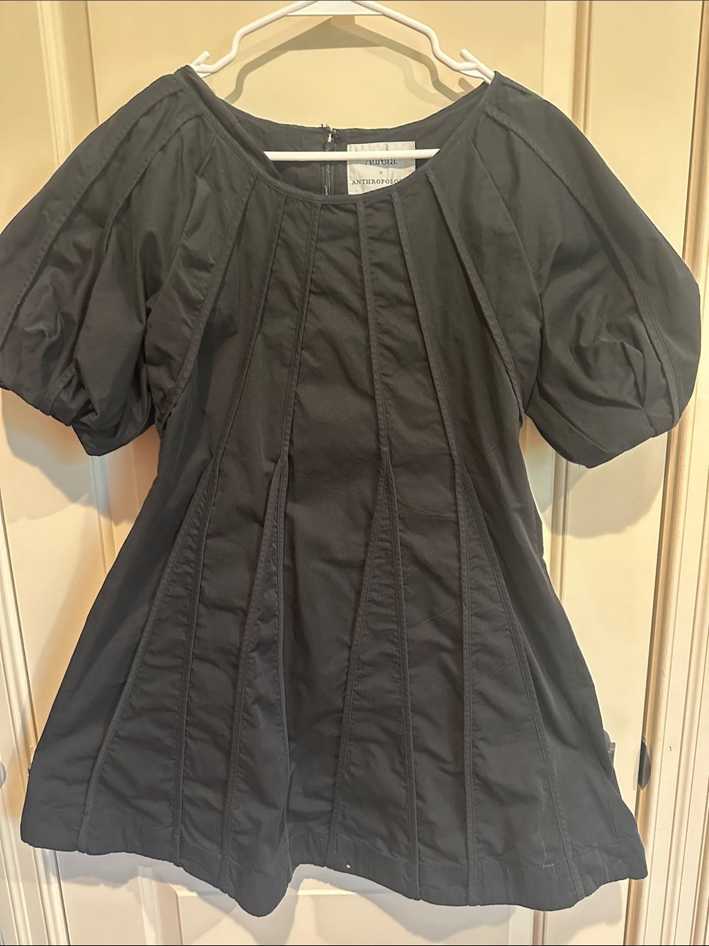 Anthropologie Black Puff-Sleeve Dress with Vertical Panels
